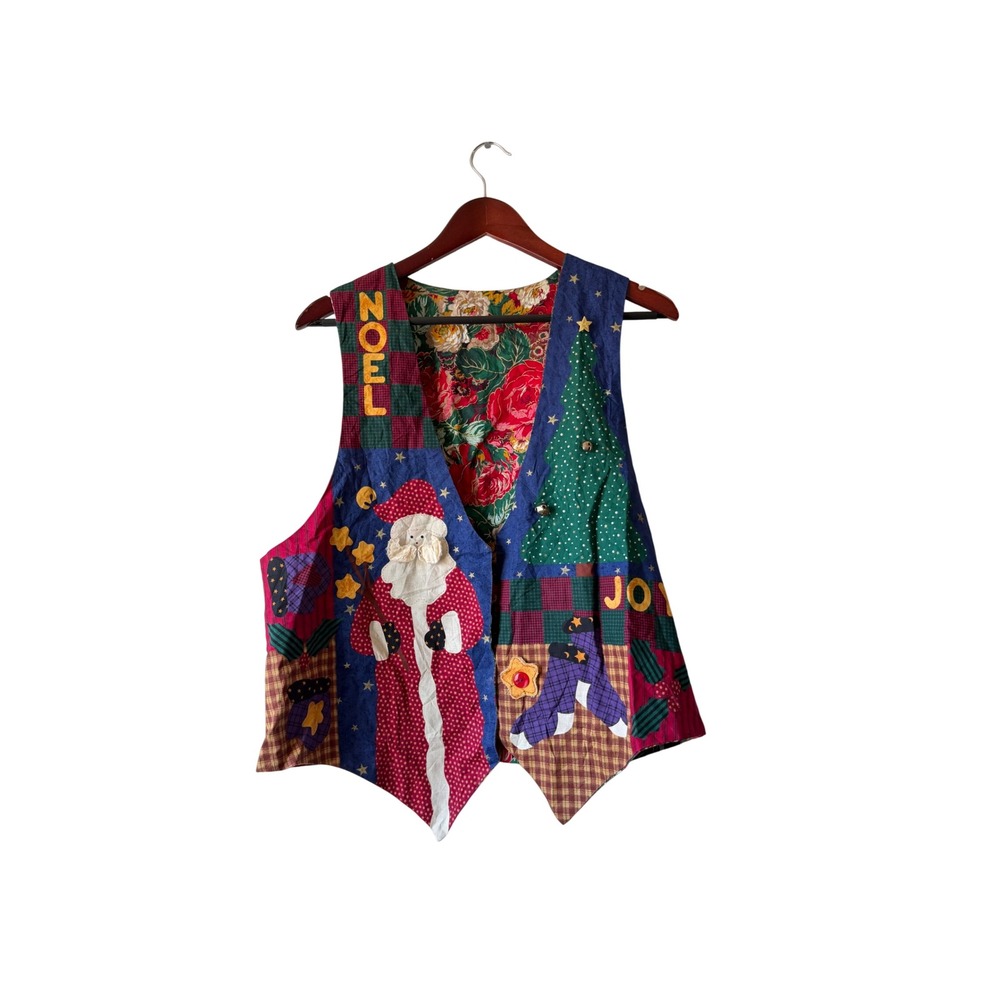 Handmade Vintage Christmas Patchwork Vest Santa Snowman Jingle Bells XL